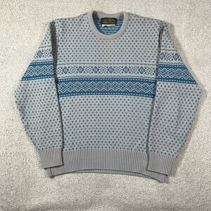 Eddie Bauer Sweater Mens M Gray Blue Wool Fair Isle Nordic Made USA Knit
